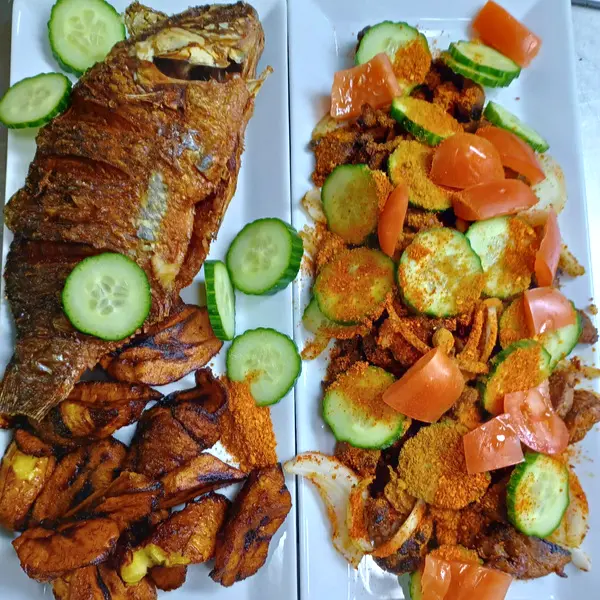 Fried fish with plantains at Liberian Cuisine Bar and Grill in Edmonton, AB